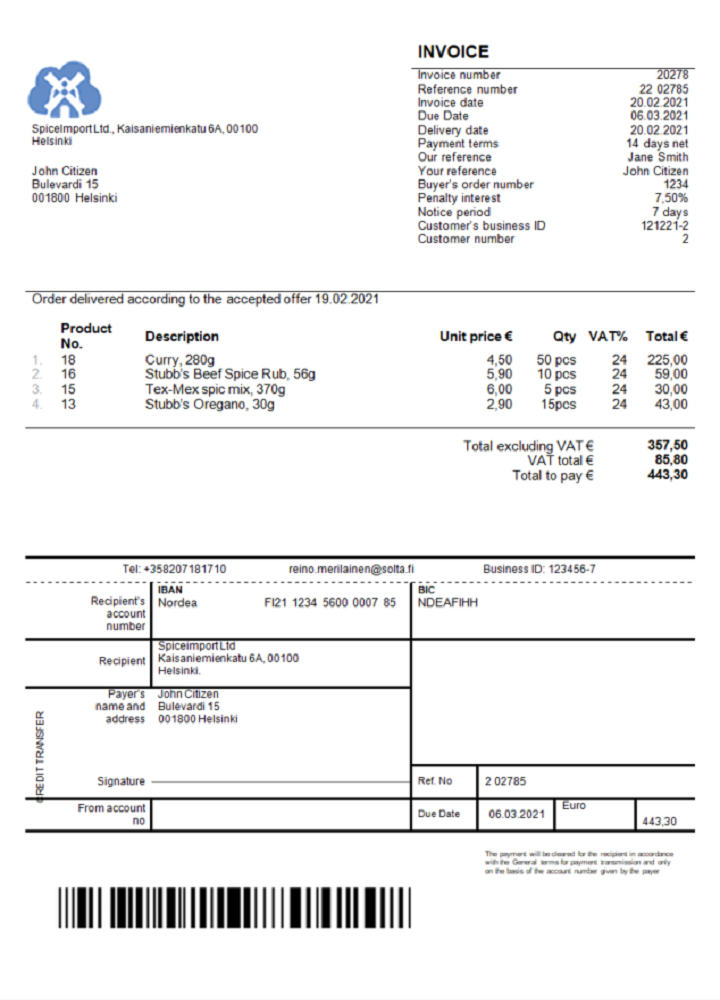 Finland SpiceImport Ltd invoice PSD template
